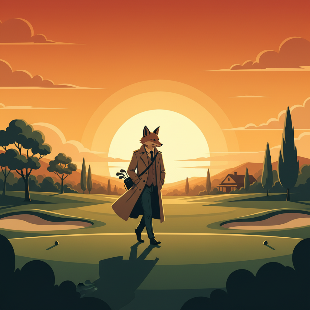 A fox in a trenchcoat walks across a golf course at sunset